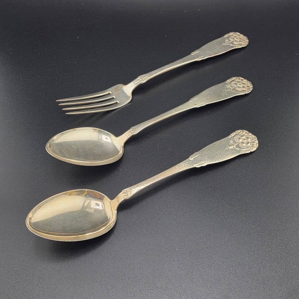 Antique A. Frisch 830S Silver Flatware Set 3pc Floral Monogrammed 1926